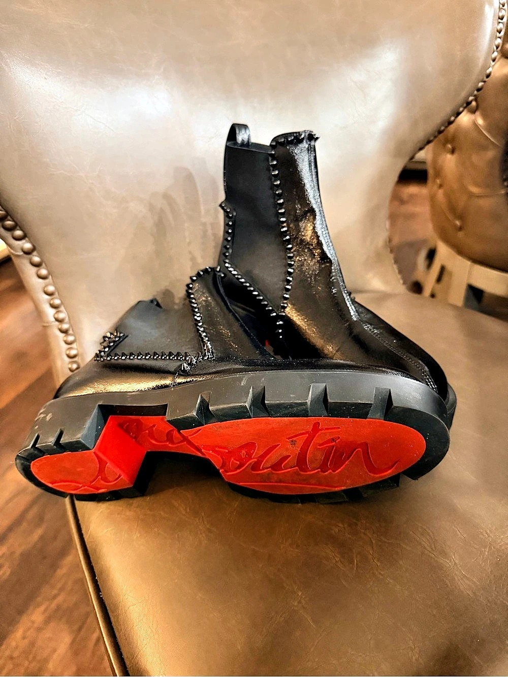 Christian Louboutin Out Line Spike Lug Studded Black Ankle Boots EU 39